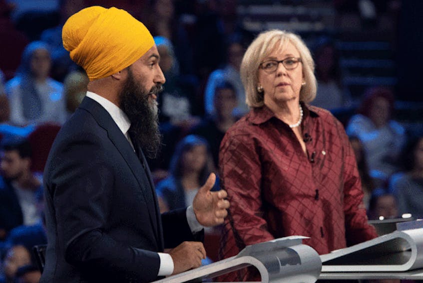  NDP Leader Jagmeet Singh and Green Party Leader Elizabeth May take part in a French-language leaders debate in Gatineau, Que. on Oct. 10, 2019.