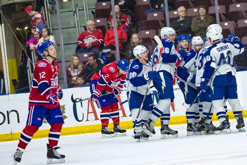 Captain Max Friberg (12), Zach Redmond (2) and the rest of the St. John's IceCaps looked to be on their way to a 2-0 lead in the AHL North Division semifinal, but the Syracuse Crunch had other ideas, turninfg a late third-period rally into a double overtime win at Mile One Centre Saturday. Despite the disappointing outcome, Friberg says the IceCaps have confidence as the series switches to Syracuse, N.Y.