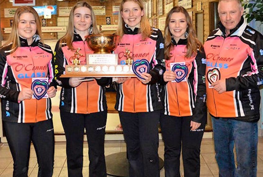 Lauren Ferguson skipped her Cornwall Curling Club rink to the P.E.I. junior women’s curling championship at the Crapaud Community Club recently. Team members are, from left, Ferguson, third stone Sydney Howatt, second stone Kristie Rogers, lead Rachel O’Connor and coach Pat Quilty.