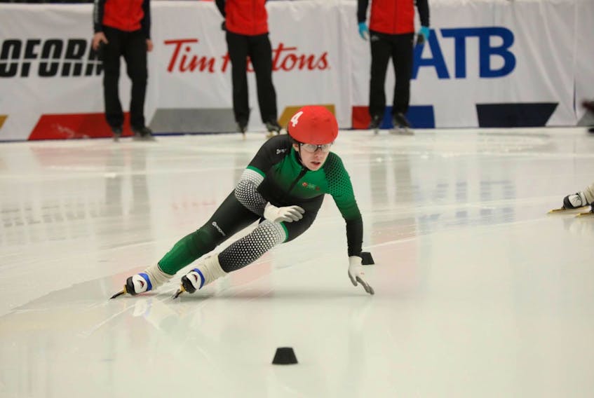 Jenna Larter secured her position as P.E.I.’s fastest-ever female on the short track in speed skating. She set new P.E.I.-best times in a pair of recent competitions in Calgary. Photo Courtesy of Yi Kay