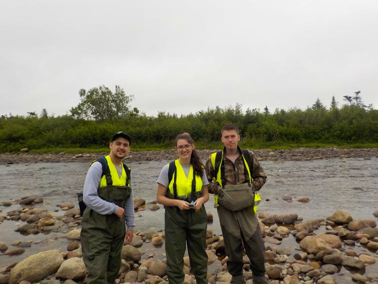 Members of the Bay St. George South Area Development Association’s Green Team (from left) Jayson Griffin, Dawn Quilty and Jayden Harris are cleaning up debris from the tributaries of three rivers in the area.