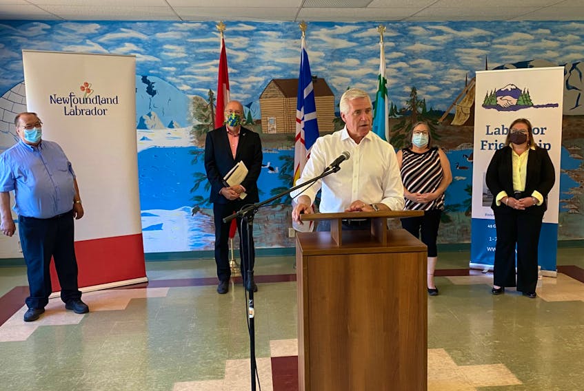 Premier Dwight Ball (front) announced the funding for the new building for the Aboriginal Family Centre in Happy Valley-Goose Bay on July 30. Also in attendance (from left, back row) Happy Valley-Goose Bay Mayor Wally Andersen, Lake Melville MHA Perry Trimper, Jennifer Hefler-Elson, executive director of the Labrador Friendship Centre and Member of Parliament of Labrador Yvonne Jones. - Courtesy of the Government of Newfoundland and Labrador 