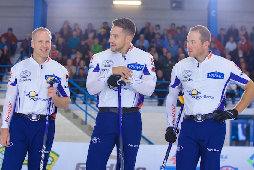 So far, so good for Brad Gushue and his rinkmates (from left), Mark Nichols, Brett Gallant and Geoff Walker, at the Masters Grand Slam of Curling event in Truro, N.S.