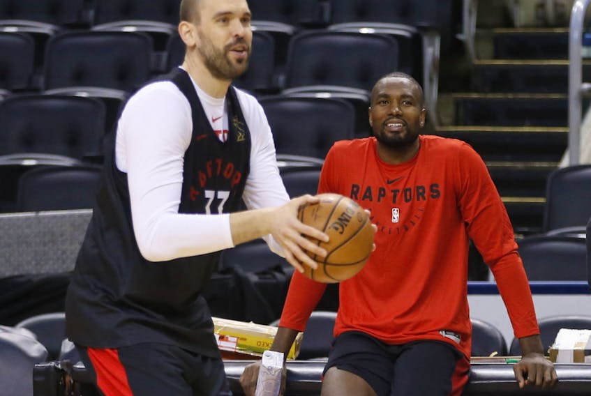 Raptors opponents could be seeing more of Marc Gasol (front) and Serge Ibaka on the floor at the same time when the NBA gets back in action.