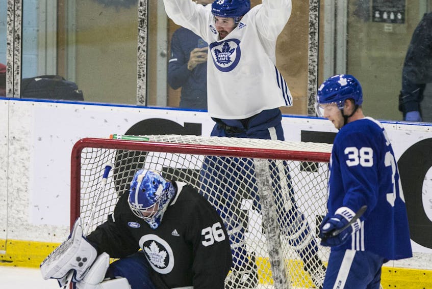 Frederik Gauthier  celebrates his goal during a team scrimmage on Wednesday,during the Maple Leafs third day of  training camp.