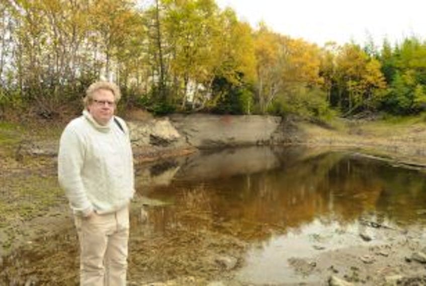 ['Geoff Adams, chair of the Local Service District, this morning at Lily Pond. The water in this pond is normally just a foot or two below the top of the dam, which can be seen in the background. Engineers are in Milton again this morning trying to figure out why the pond, which is fed by an underground spring, had nearly dried up.']