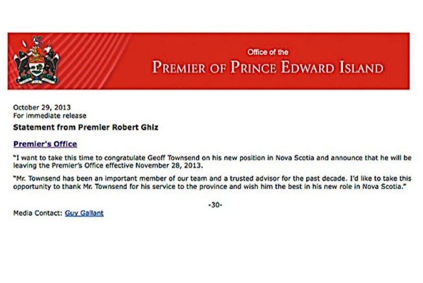 Statement from Premier Robert Ghiz on his adviser, Geoff Townsend, leaving for a job in with Nova Scotia's premier, &lt;span&gt;Stephen McNeil.&lt;/span&gt;