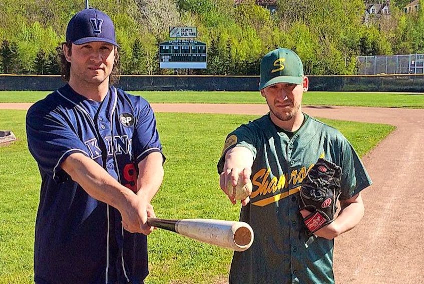<p>Gerald Butt (left) of the Gonzaga Vikings and Scott Goosney of the Shamrocks are shown at St. Pat’s Ball Park earlier this week. The St. John’s Molson senior baseball league began its 70th season this weekend. Goosney was the league’s most valuable player during the 2015 regular season, while Butt was named the playoff MVP after helping Gonzaga to a second straight championship.</p>