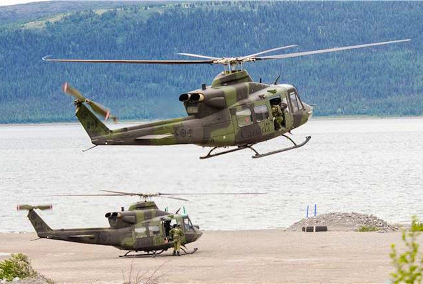 Royal Canadian Air Force CH-146 Griffon helicopters fly to pick up supplies to transport to troops deployed further north during Operation NANOOK, August 21, 2017.

Photo Credit: Mona Ghiz