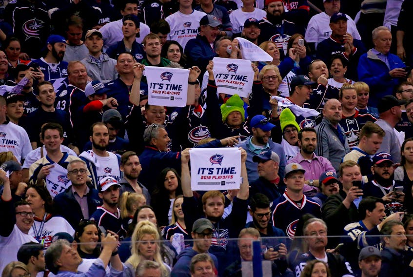 Fans cheer for the Columbus Blue Jackets in Game Four of the Eastern Conference First Round during the 2019 NHL Stanley Cup Playoffs against the Tampa Bay Lightning on April 16, 2019 at Nationwide Arena in Columbus, Ohio. 