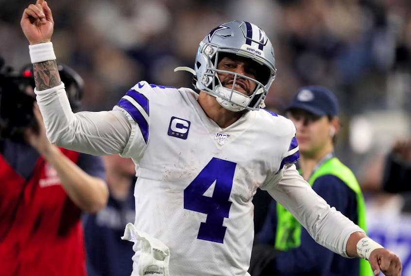 Dak Prescott of the Dallas Cowboys reacts in the third quarter against the Washington Redskins in the game at AT&amp;T Stadium on Dec. 29, 2019 in Arlington, Texas. (Tom Pennington/Getty Images)