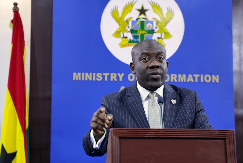 Ghana's Minister of Information Kojo Oppong Nkrumah, speaks during a news conference on the rescue of two Maritime women who were kidnapped last week in Kumasi, in Accra, Ghana. - Kweku Obeng