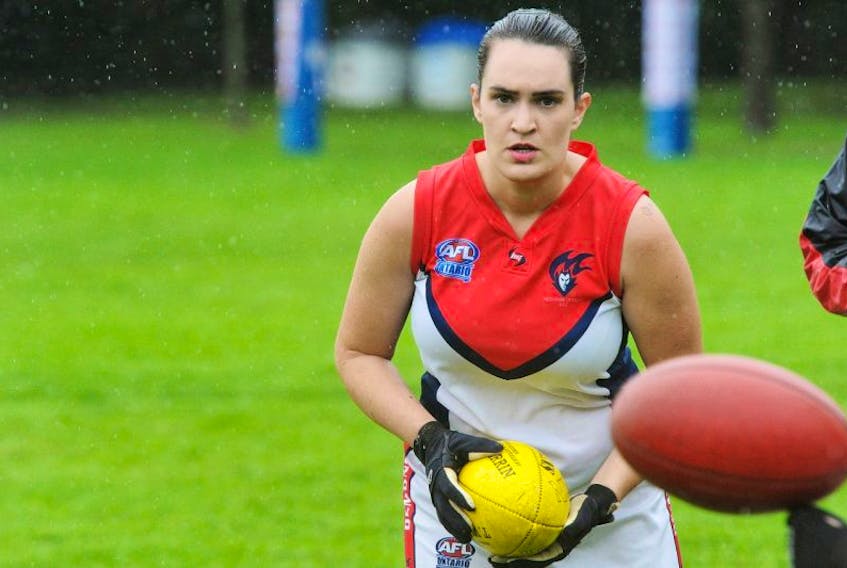 <p class="copyright">©&nbsp;ROB COLBURN – SUBMITTED</p>
<p>Gillian English, originally from Sutherlands River, Pictou County, is shown with her Australian Football League (AFL) Ontario club team, the High Park Demons. Now living in Toronto, she will represent Canada at the AFL International Cup in Melbourne, Australia, in August.&nbsp;</p>