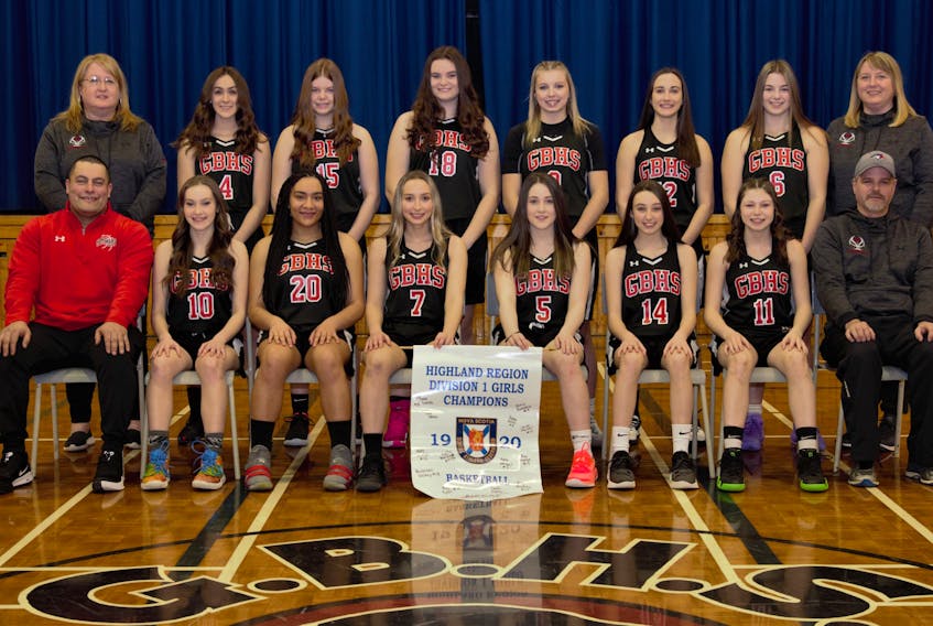 Members of the Glace Bay Panthers varsity girls basketball team display the Highland Region Division 1 championship banner they earned after defeating the Memorial Marauders 54-50 in a close match played last week at the Memorial gym in Sydney Mines. The Panthers will now compete in the provincial championship tournament hosted by Horton High School, near Wolfville, March 6-8. The Panthers, from left, front row, Richard MacInnis, coach, Leelee MacNeil, Maddi Lorde, Kate MacNeil, Leia O’Brien, Kayl Ryan, Kiera Headley, Mark Livingston, coach; back row, Kathy Donovan, coach, Alivia Beddow, Ava George, Rhiannon Hickey, Emily MacLeod, Abbie Cameron, Anna Gillis, Karen Livingston, manager. CONTRIBUTED