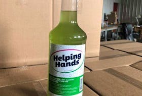 Glenora Distillery started producing Helping Hands hand sanitizer about two months ago as shortages of that product became noticeable. This 1.14-litre bottle is one of the sizes made available to essential workers. CONTRIBUTED