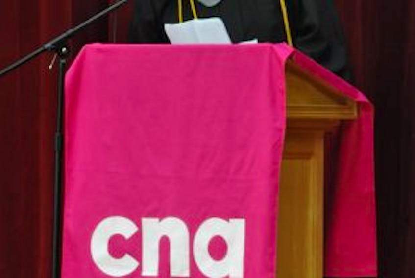 ['Valedictorian Keith Sheppard made a humourous but heartfelt speech about the College of the North Atlantic campus and staff in Port aux Basques, and making lifelong friends from a different generation.']