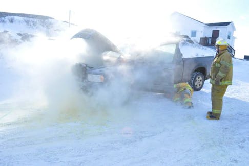 A pickup truck caught fire on Harry's Lane in Port aux Basques Tuesday morning.