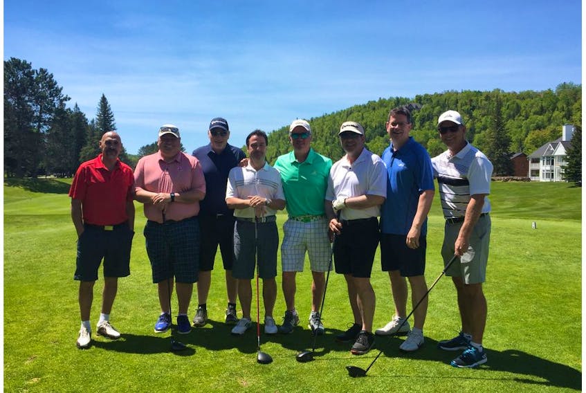 A difficult loss: This photo was taken on the first tee before Bruce Garrioch’s annual golf weekend with friends at Mont Tremblant in June, 2019. Pictured: Al Soares, Garrioch, Al Armstrong, Darren White, Walter Miller, Brian Garrioch, Marc Stackhouse and Mark Sorokan. 
