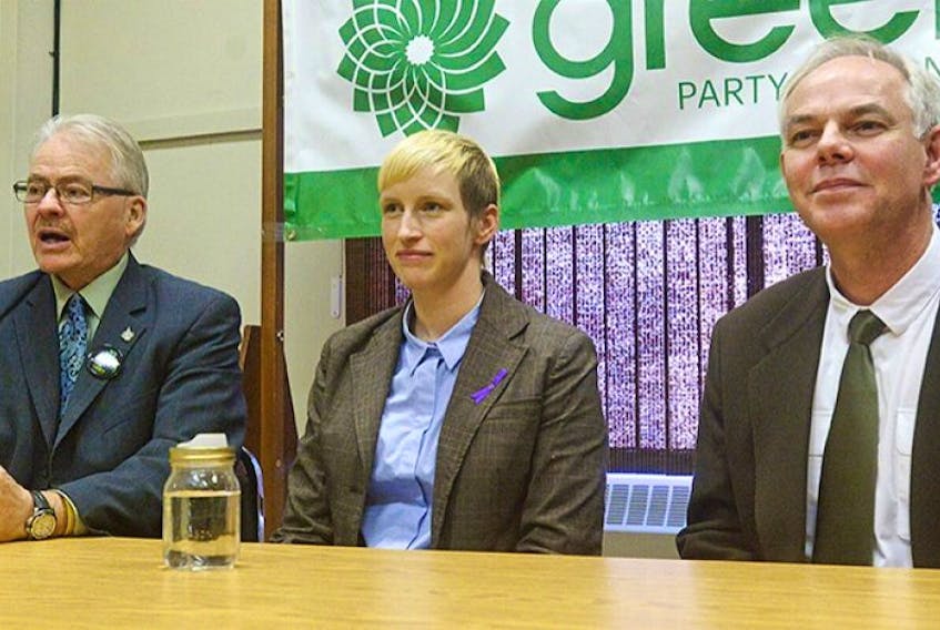 The Green Party on P.E.I. held a meeting Friday to announce Becka Viau, centre, as its candidate for the federal riding of Charlottetown. With her is MP Bruce Hyer, left, and Green Party of P.E.I. leader Peter Bevan-Baker.