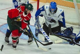 Halifax Mooseheads captain Bo Groulx tries to score on Saint John Sea Dogs goalie Zachary Bouthillier during a QMJHL game at the Scotiabank Centre earlier this season. (RYAN TAPLIN/Chronicle Herald)