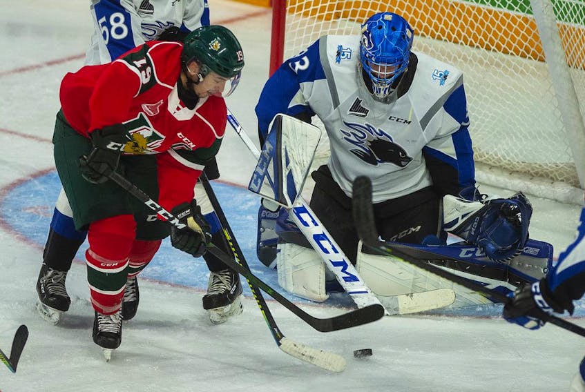 Halifax Mooseheads captain Bo Groulx tries to score on Saint John Sea Dogs goalie Zachary Bouthillier during a QMJHL game at the Scotiabank Centre earlier this season. (RYAN TAPLIN/Chronicle Herald)