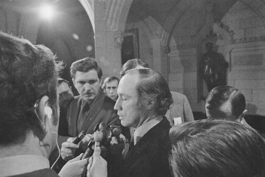 Prime Minister Pierre Trudeau makes a statement to the press following the release of James Cross in December 1970. After release, Cross was dropped off at the Cuban pavilion at Canada’s former Expo site under diplomatic immunity of the Cuban consulate in Montreal. National Archives of Canada/PA-110806