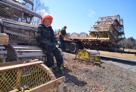 Tanner Rudolph takes a break from helping his family prepare their lobster traps in Lakevale, Antigonish County, on Thursday. (AARON BESWICK PHOTO)