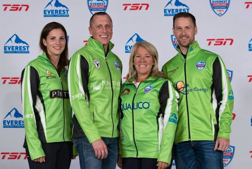 A team skipped by Brad Gushue from St. John's won a mountain of money at the Everest Curling Challenge in Fredericton, N.B., Sunday night. The team, which included (from left) Lisa Weagle, E.J. Harnden, Cathy Overton and Gushue, took home $200,00 in a unique winner-take-all, drafted-team format by beating a John Epping-skipped entry 6-5.