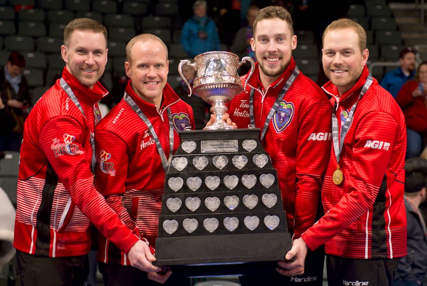 They’ve been together for six years, which is turning out to be a long time in modern curling. Along the way (from left), Brad Gushue, Mark Nichols, Brett Gallant and Geoff Walker have won three Tim Hortons Brier Canadian men’s championships, hoisting the Brier Tankard most recently at the 2020 event in Kingston, Ont.