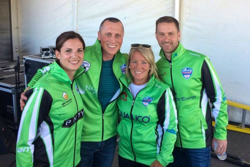 Skip Brad Gushue poses with the team he's drafted for the Everest Curling Challenge being played in Fredericton, N.B., this weekend. From left are Lisa Weagle, E.J. Harnden, Cathy Overton and Gushue.