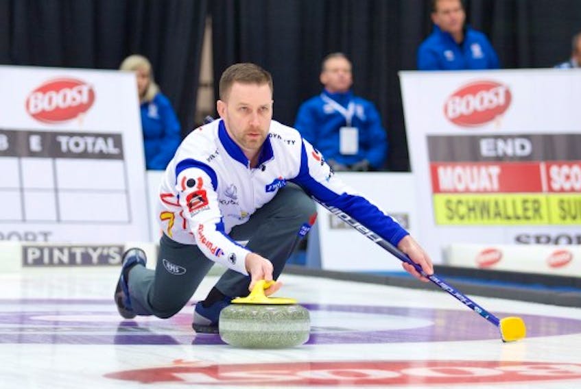 Anil Mungal/Grand Slam of Curling - Brad Gushue delivers one of his shots Thursday night during his game against Peter de Cruz of Switzerland at the Boost National Grand Slam of Curling event in C.B.S. Gushue won the game 5-3 to improve to 2-1.