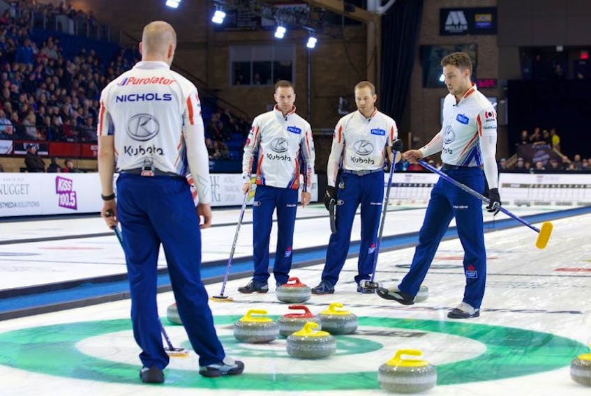 The St. John's rink of, from left, Mark Nichols, Brad Gushue, Geoff Walker and Brett Gallant had their chances, but couldn't quite figure how to defeat Matt Dunstone in the final of the Masters Grand Slam of Curling event in North Bay, Ont., on Sunday.