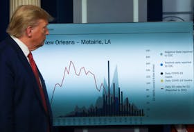 U.S. President Donald Trump stands in front of a chart showing COVID-19 cases and deaths in the New Orleans area as his administration announces guidelines for “Opening Up America Again,” during the daily coronavirus task force briefing at the White House in Washington, Thursday. — Reuters