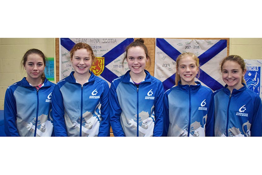 These members of the Pictou County Gymnastics Club will compete at Atlantics this coming weekend. From left are Maddie Hawley, Josie Conrad, Abby Conrad, Enja George and Alana MacKinnon. Missing from photo is Jehona Durdle.