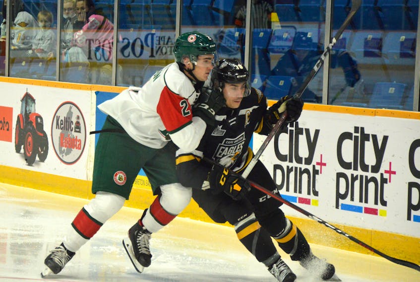 Brendan Tomilson of the Halifax Mooseheads, left, battles for positioning with Shawn Element of the Cape Breton Eagles during Quebec Major Junior Hockey League action at Centre 200 on Friday. Cape Breton won the game 5-3, but fell 10-2 to the Herd on Saturday.