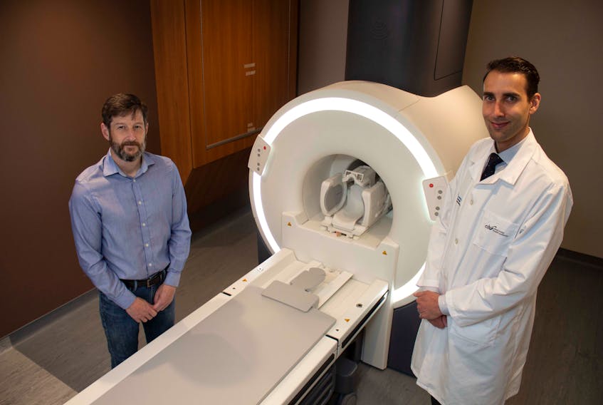 Dr. Steven Beyea, left, and Dr. David Volderswill scan the brains of COVID-19 patients after their admission to hospital and just before they are discharged to gain an understanding of the virus's effect on the brain.
Contributed Photo
