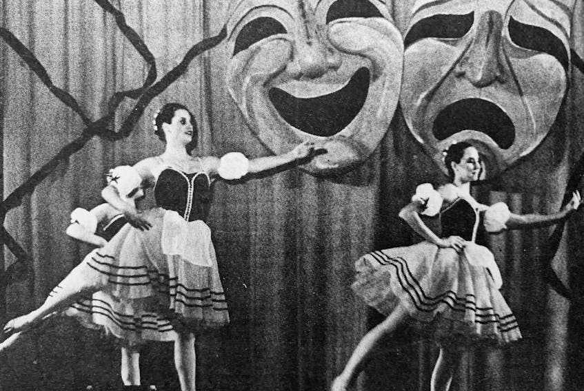 The Imperial Theatre in Windsor was sold-out for the Avon Arts Council’s production of Yesterday, Today and Tomorrow in 1986. The show featured a wide variety of local and Nova Scotian acts, including the Marijon Bayer dancers from Halifax. The large masks were made especially for the show by Linda Holway Barkley, a Windsor-based sculptor.