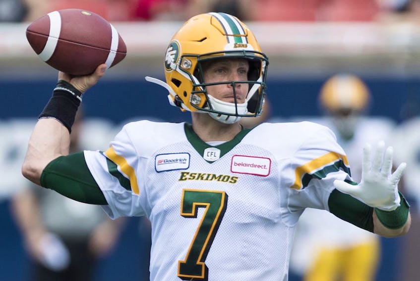 Edmonton Eskimos quarterback Trevor Harris set a CFL playoff record with 22 straight completions for 252 yards  in a 37-29 victory against the Montreal Alouettes on Sunday, Nov. 10, 2019. 