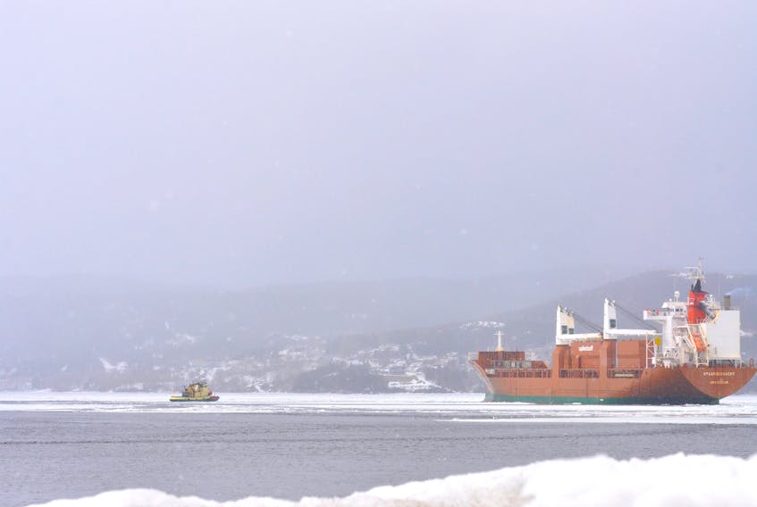 A tug boat moves closed to the Spaarnegracht in the Bay of Islands on Monday as the cargo ship that had been docked at Corner Brook Pulp and Paper Limited prepares to leave Corner Brook. The ship is headed for Port Canaveral in the United States.

Diane Crocker/Saltwire Network
