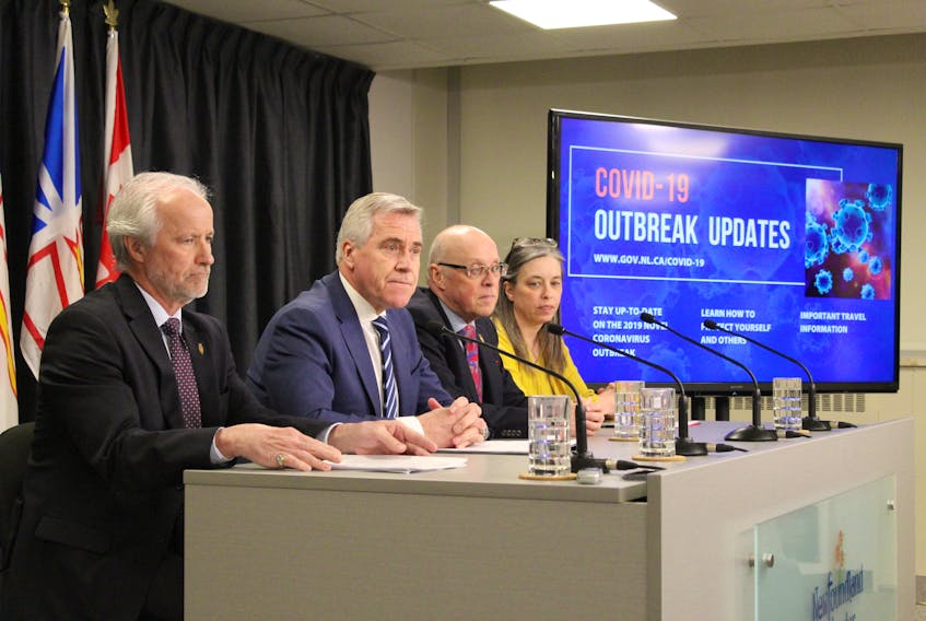From left, Education Minister Brian Warr, Premier Dwight Ball, Health Minister John Haggie and Chief Medical Officer Dr. Janice Fitzgerald give an update Monday about the latest COVID-19 developments in the province. DAVID MAHER/THE TELEGRAM