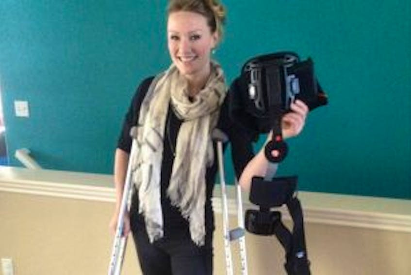 ["<p>Heather Moyse has gotten rid of her brace but she's still on crutches after her hip surgery. </p>"]