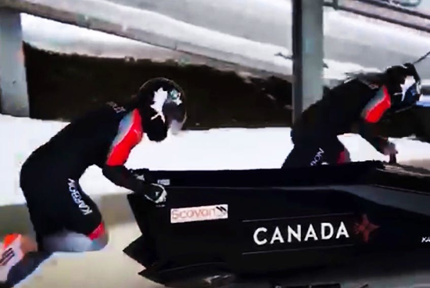 Heather Moyse, left, and Alysia Rissling compete in a World Cup bobsleigh race. Moyse and Rissling form one of the three Canadian women’s sleds to qualify for the 2018 Winter Olympics. Bobsleigh Canada Photo