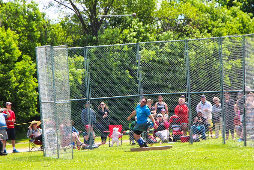 Antigonish’s Matt Doherty in Canadian Scottish Athletics Federation Championship action Saturday (July 7) afternoon at the Antigonish Highland Games. Doherty took the lead on the day and maintained it through Sunday’s events to claim his fifth Canadian title. Richard MacKenzie