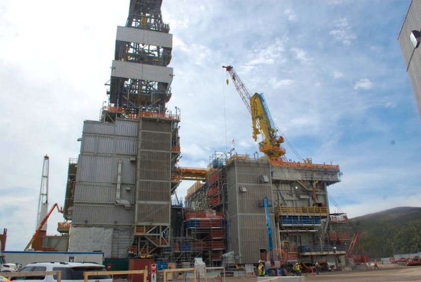 <p>Two drilling modules to soon be attached to the Hebron GBS.</p>