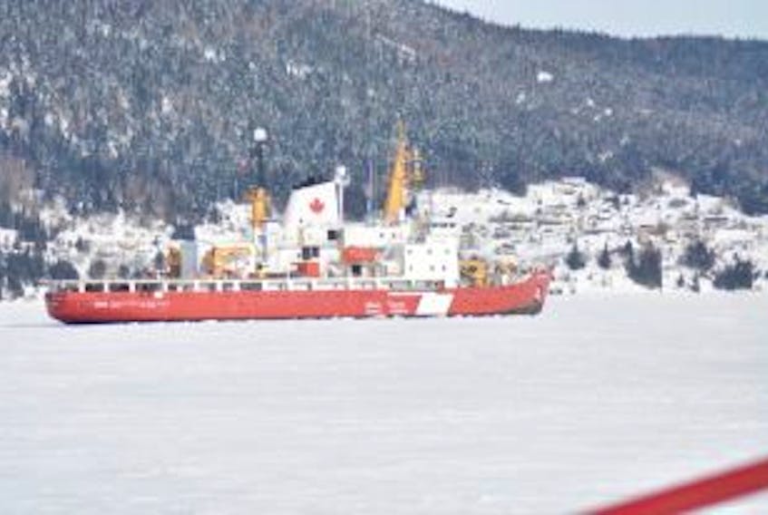 ['The Canadian Coast Guard icebreaker sits in the Bay of Islands just off from the Corner Brook Port on Friday morning.']