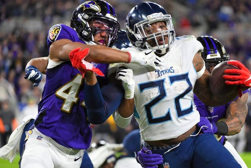  Last week, against the 
No. 1 seed Baltimore Ravens and their No. 4-rated “D,” Tennessee Titans running back Derrick Henry (right) had 30 carries for 195 yards in a 28-12 upset win. The Chiefs defence is ranked eighth.
 (Getty Images)