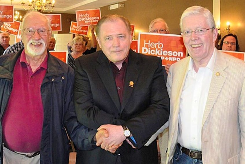 <span>Egmont NDP candidate Dr. Herb Dickieson, centre, gets two high profiled endorsements from Denis Marantz, left, who spent a long career in the federal foreign service, as well as from David MacDonald, former Progressive Conservative MP for the riding that is now called Egmont. Dickieson held a small rally with supporters in Summerside on Thursday. The event was billed as the official launch of Dickieson’s campaign.</span>