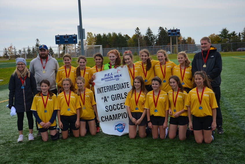 The Hernewood Huskies won the P.E.I. School Athletic Association Intermediate A Girls Soccer League championship at the Terry Fox Sports Complex in Cornwall on Saturday. The Huskies picked up a 4-1 victory over the Kensington Torchettes in the gold-medal game. Members of the Huskies are, front row, from left: Alice MacKendrick, Maggie Gamble, Dani Noye, Kayla MacArthur, Lexi Cormier, Maria Dean and Kallie Adams. Back row, from left, are Janelle Perry (assistant coach), James Essery (assistant coach), Ashley Hardy, Kenley Noye, Savannah Perry, Jorja McLellan, Charli Augustine, Brooke Bootland, Katlyn MacKendrick, Katelyn Hardy and Lincoln Rix (head coach).