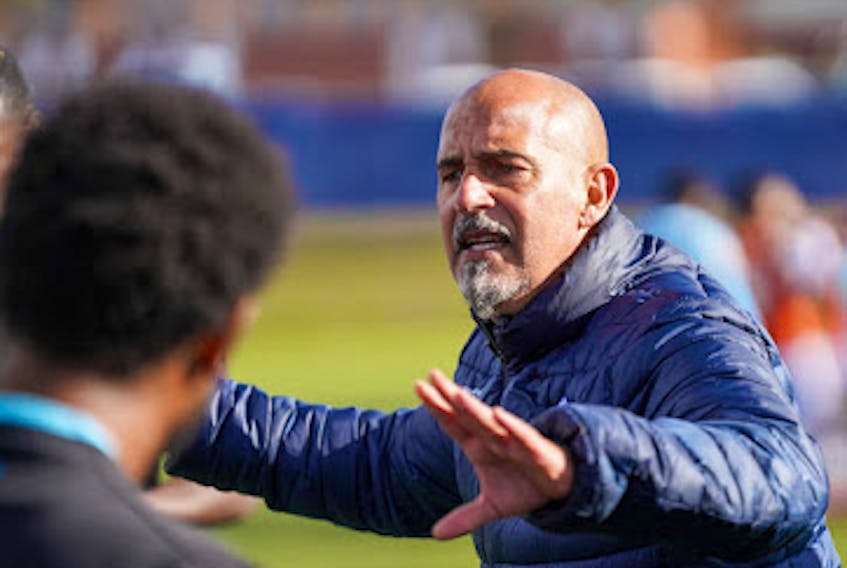 HFX Wanderers head coach Stephen Hart gives out instruction during the Canadian Premier League championship final against Forge FC on Saturday. - Chant Photography 