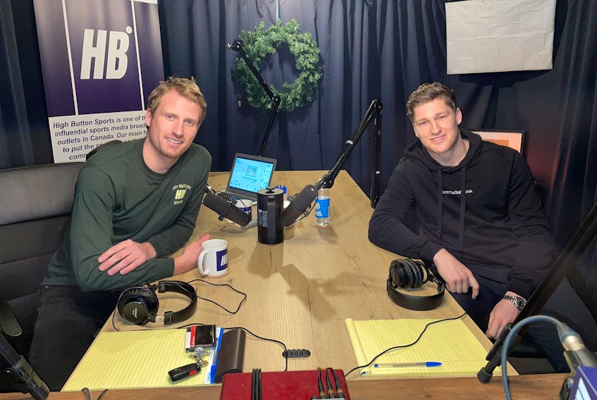 High Button founder and host Justin Belanger, left, sat down with Nathan MacKinnon two weeks ago for the 299th episode of his podcast. (CONTRIBUTED)
